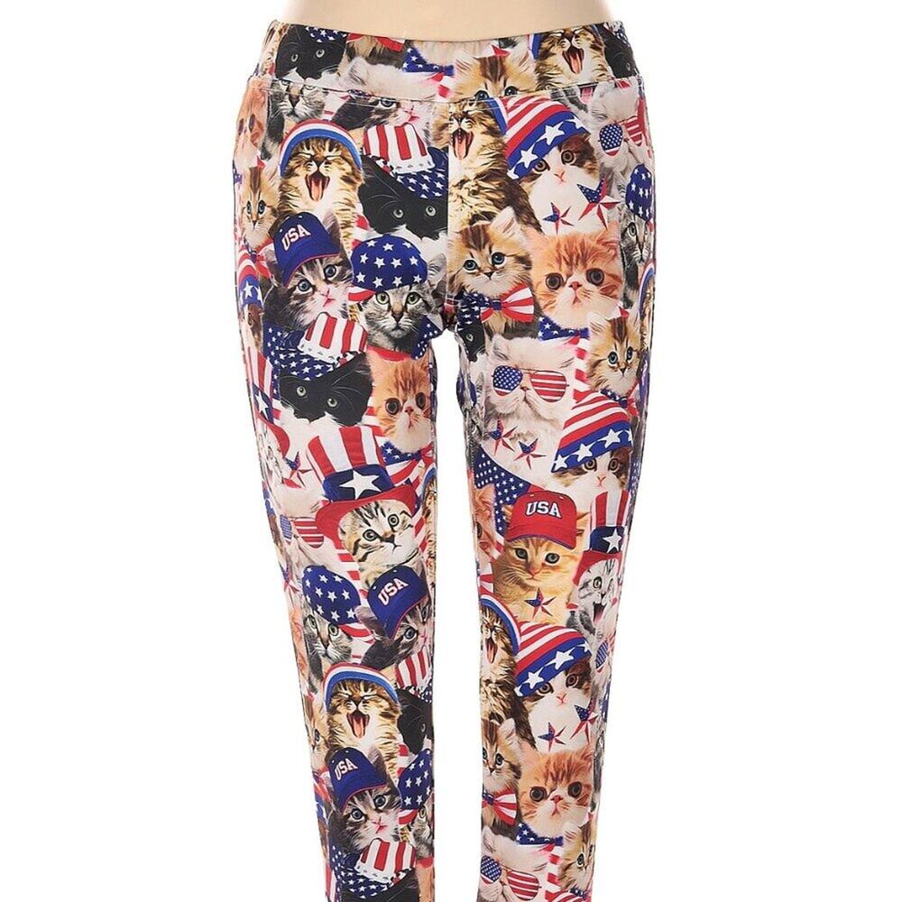 Tipsy Elves Brand Size Small Red/White/Blue Cat Leggings Patriotic Election